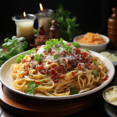 Italian spaghetti pasta with cheese, parmesan and basil on white plate on dark restaurant background