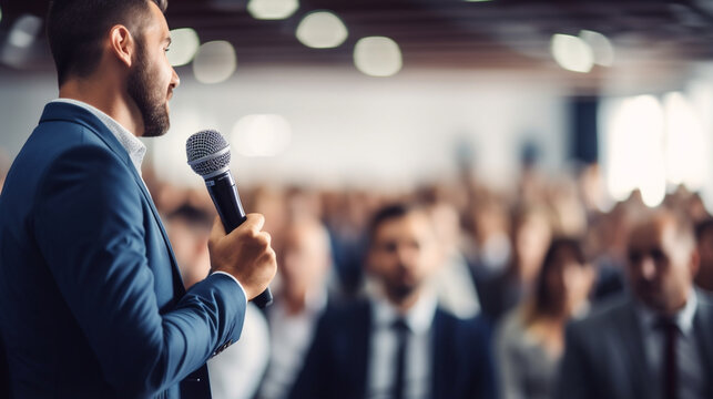 A speaker delivering a dynamic presentation on stage at a business conference, Business conference, blurred background, with copy space