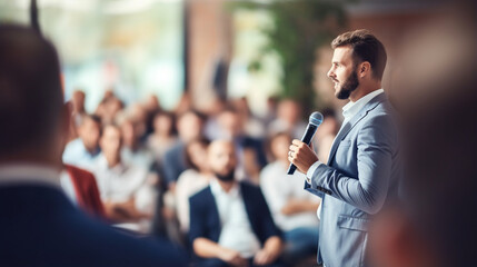 Fototapeta premium A motivational speaker inspiring the audience with a powerful message, Business conference, blurred background, with copy space