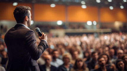 A motivational speaker inspiring the audience with a powerful message, Business conference, blurred background, with copy space