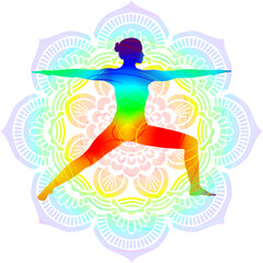 Colorful silhouette yoga posture. Warrior 2 pose. Virabhadrasana B. Standing and Balancing. Isolated vector illustration. Mandala background.