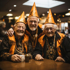 Three smiling, laughing old men celebrate halloween in costumes and orange hates, cones and clothes