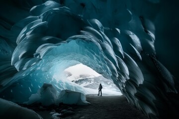 Traveler ice cave. Natural beauty. Generate Ai