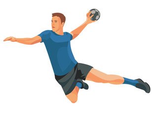 Isolated vector figure of handball team player in a blue equipment who rushes and swings to throw the ball at the target