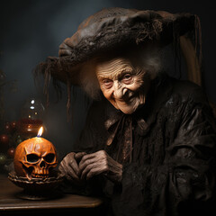 Old woman, wrinkled witch in hat and dark clothes holds skull with candle light - 653194894
