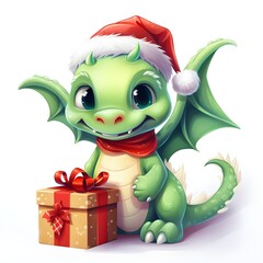 Cute cartoon green color dragon with Santa hat and christmass gift boxe illustration .