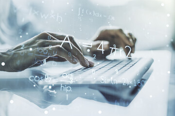 Creative scientific formula illustration with hands typing on computer keyboard on background, science and research concept. Multiexposure