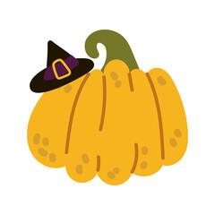 Happy Halloween. Purple and black witch hat on a yellow pumpkin. Isolated flat illustration on a white background for holiday cards, tags, stickers. Cute isolated flat illustration