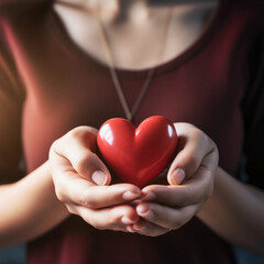 Obraz premium Woman hands holding red heart, Happiness moment, Health care, donate and family insurance concept, World heart day, world health day, Hope, Gratitude, Kindness, Valentine's Day. Generative AI.