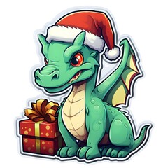 Fototapeta premium Cute green color dragon with Santa hat and christmass gift boxe illustration in sticker style.