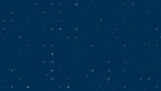 Template animation of evenly spaced baseball bats symbols of different sizes and opacity. Animation of transparency and size. Seamless looped 4k animation on dark blue background with stars