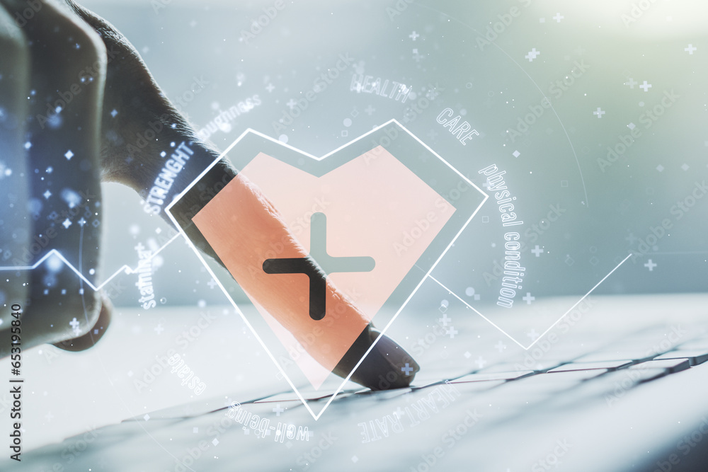 Poster creative abstract heart pulse hologram and hands typing on computer keyboard on background, online m