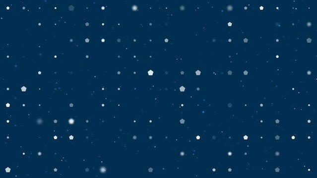 Template animation of evenly spaced pentagon symbols of different sizes and opacity. Animation of transparency and size. Seamless looped 4k animation on dark blue background with stars
