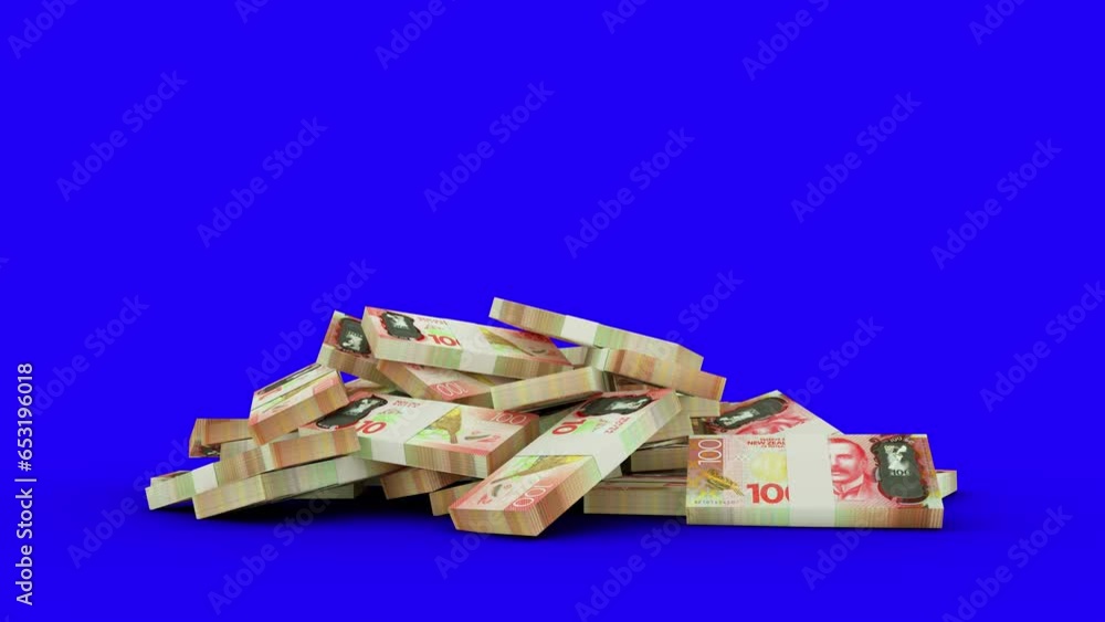 Poster 3d rendering of stacks of new zealand dollar notes falling on blue screen floor. you can key out or 