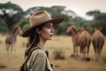 Woman african safari photo shot. National reserve. Generate Ai