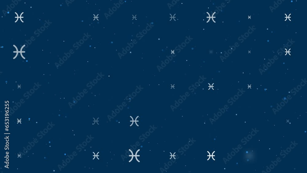 Poster template animation of evenly spaced zodiac pisces symbols of different sizes and opacity. animation 