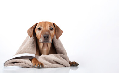 A wet dog after bathing lies wrapped in a towel on a white background. Empty space for product placement or advertising text.