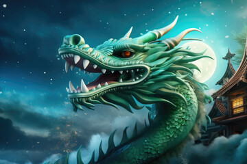 Fototapeta na wymiar Green dragon head on traditional Chinese houses and night sky background.