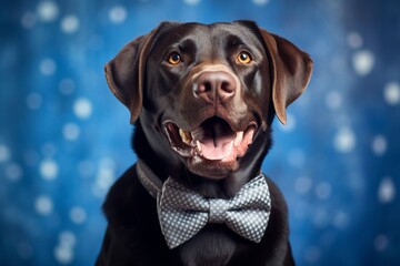 Close-up portrait photography of a smiling labrador retriever wearing a cute bow tie against a navy...