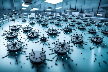 A swarm of nano-drones performing precision tasks in a cleanroom environment.