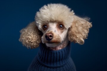 Close-up portrait photography of a cute poodle wearing a cashmere sweater against a navy blue background. With generative AI technology - obrazy, fototapety, plakaty