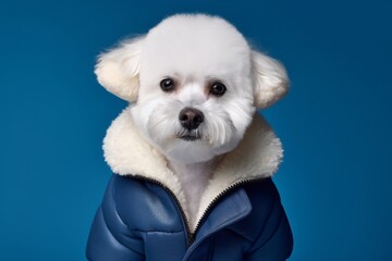 Environmental portrait photography of a cute bichon frise wearing a sherpa coat against a navy blue background. With generative AI technology