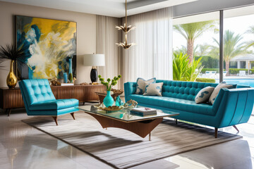 Mid-century modern design with a large turquoise sofa with cushions and a swimming pool outside. Mid-century style home interior design of modern living room with lounge chairs and big windows. 
