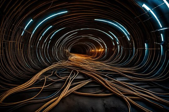 A network of fiber optic cables weaving through an underground tunnel.
