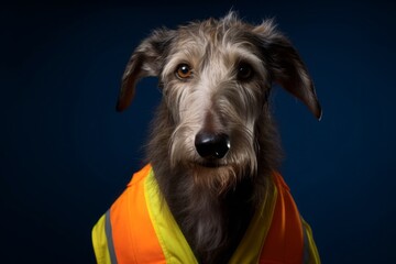 Medium shot portrait photography of a funny scottish deerhound wearing a safety vest against a navy blue background. With generative AI technology