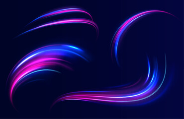 Expressway, the effect of car headlights. Low-poly construction of fine lines. Blue background. Elegant bright neon linear wave. 