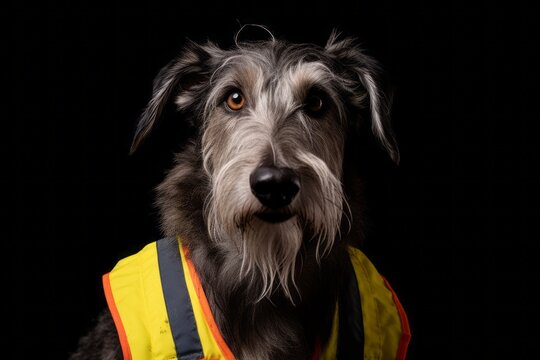 Medium shot portrait photography of a funny scottish deerhound wearing a safety vest against a navy blue background. With generative AI technology