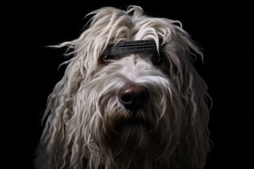 Close-up portrait photography of a funny komondor dog wearing a paw protector against a matte black...