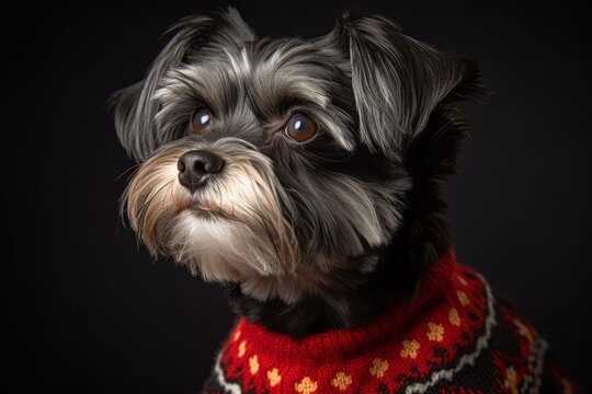 Close-up portrait photography of a cute lowchen dog wearing a festive sweater against a matte black background. With generative AI technology