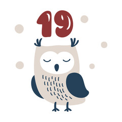 Christmas advent calendar with hand drawn owl. Day nineteen 19. Scandinavian style poster. Cute winter illustration for card, poster, kid room decor, nursery art