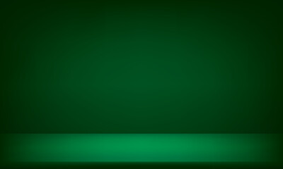 Green studio room background. Dark green color. Abstract wallpaper design with copy space to display your products. Business backdrop. Vector illustration.
