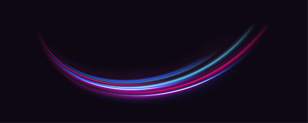 Neon line as speed or arc, turn, twist, bend in light effect. Light arc in neon colors, in the form of a turn and a zigzag. Abstract background in blue, yellow and orange neon colors.	