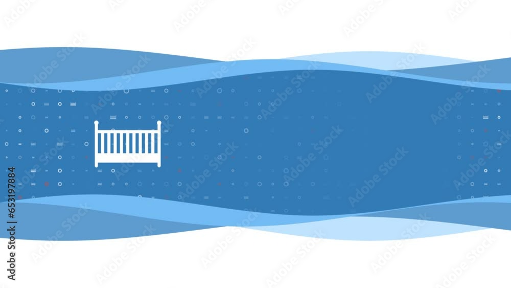 Poster animation of blue banner waves movement with white baby cot symbol on the left. on the background th
