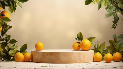 Empty rounded showcase with whole citrus fruits on it with abstract background and minimalist style for cosmetics and drinks product presentations.