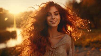 Portrait of a Young woman. Beautiful autumn redhead model with flowing wavy hair.