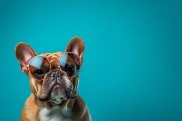 Lifestyle portrait photography of a tired french bulldog wearing a trendy sunglasses against a teal blue background. With generative AI technology