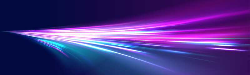Panoramic horizontal high speed highway concept, light abstract background. Technology flow design illustration. Rotating dynamic neon circle. 