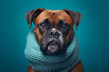 Medium shot portrait photography of a happy boxer dog wearing a warm scarf against a teal blue background. With generative AI technology