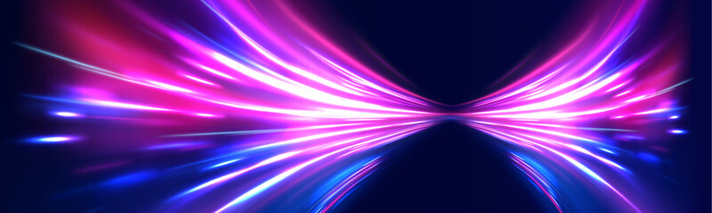 Speed light streaks vector background with blurred fast moving light effect, blue purple colors on black. Glowing street exposure. Blurred motion. Sparkling flow. Vector abstract dynamic dark.	