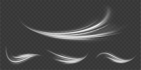 Luminous white lines of speed. Twist white line. Light trail wave, fire path trace line and incandescence curve twirl. Abstract motion lines.