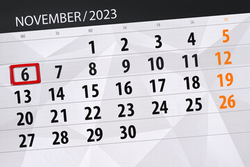 Calendar 2023, deadline, day, month, page, organizer, date, November, monday, number 6