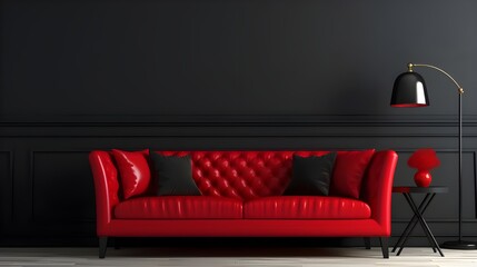 A red colored leither luxury sofa in a black walls living room mock up.
