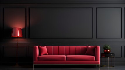 A red colored luxury sofa in a black walls living room with decor mock up.