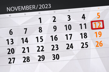 Fototapeta premium Calendar 2023, deadline, day, month, page, organizer, date, November, sunday, number 12