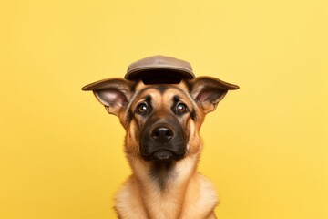 Conceptual portrait photography of a funny german shepherd wearing a cool cap against a pastel yellow background. With generative AI technology