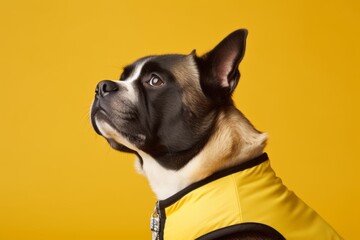 Photography in the style of pensive portraiture of a smiling akita wearing a sports jersey against a pastel yellow background. With generative AI technology